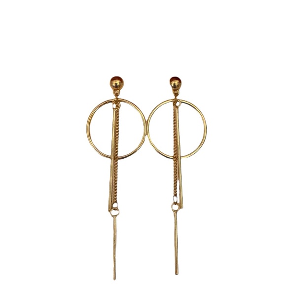 Gold Geometric Drop Earrings – Modern Circle and Chain Bar Dangle - Picture 2 of 3